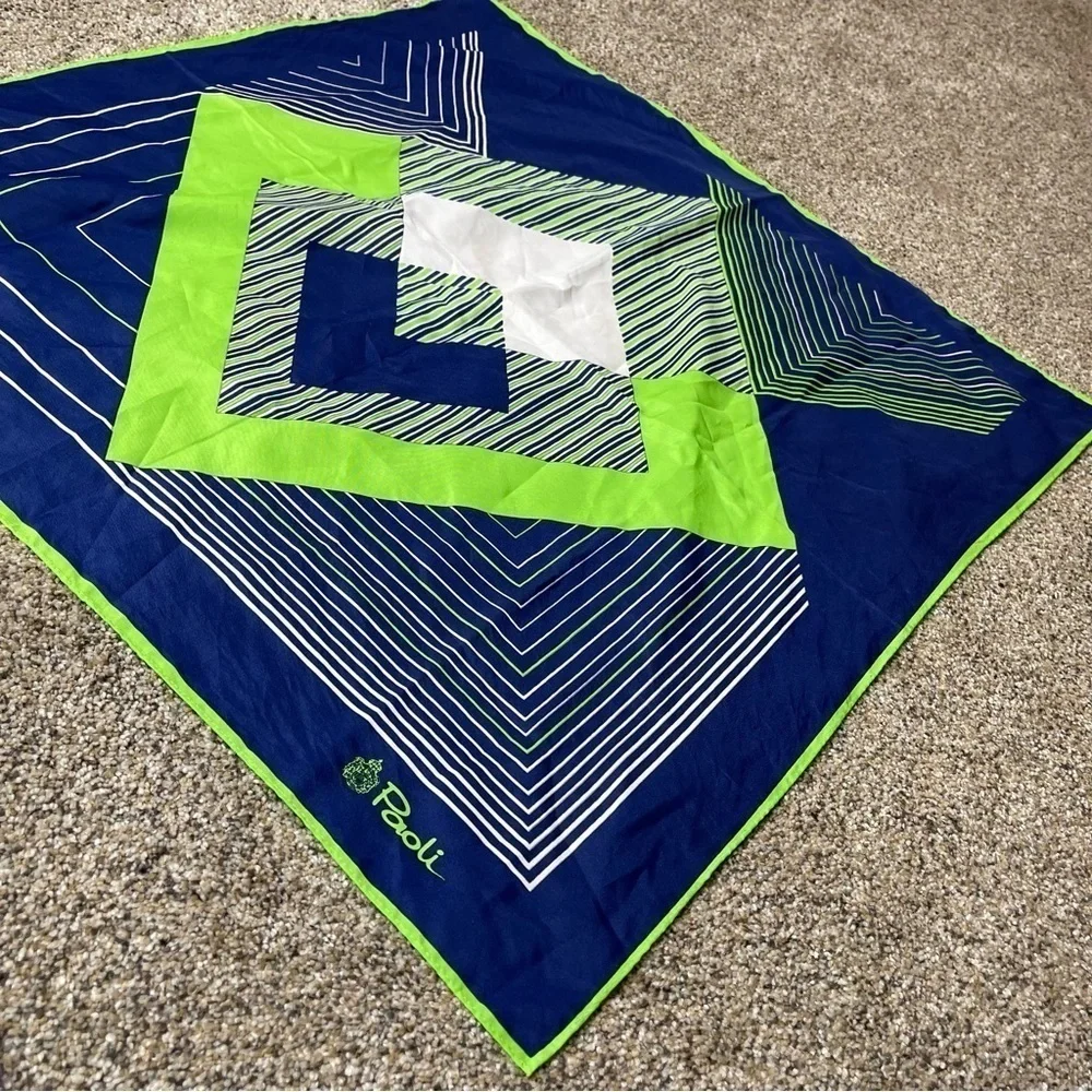 Vintage Paoli Scarf Green Blue Geometric Print MCM Contemporary 27.5in X 27.5in